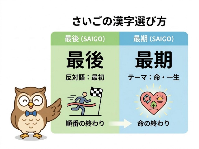 反対語の「最初」があるか、または「命」に関わる内容かで漢字を選ぶ、覚え方のヒントを描いた図解イラスト