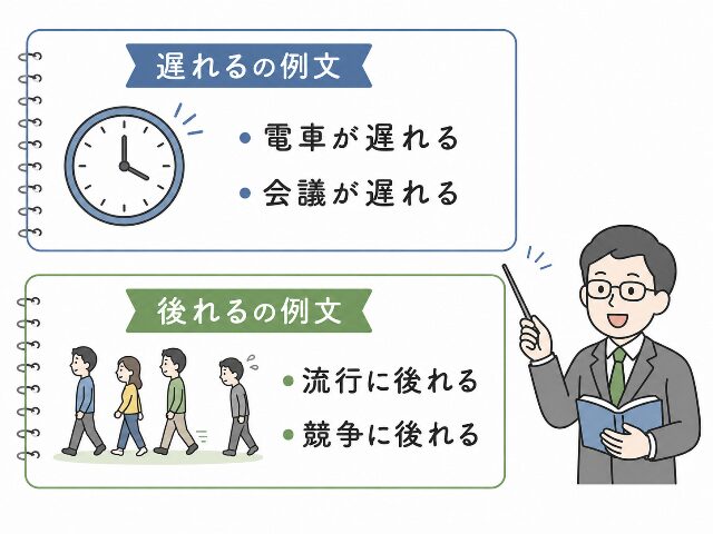 遅れると後れるの例文を上下で比較したノート風イラスト。時間の遅れと他者との遅れを視覚的に示す