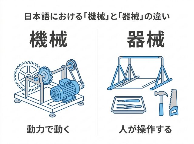 機械と器械の違いを示す比較図。動力で動く装置と人が操作する器具を並べたシンプルな図解(AI生成画像)