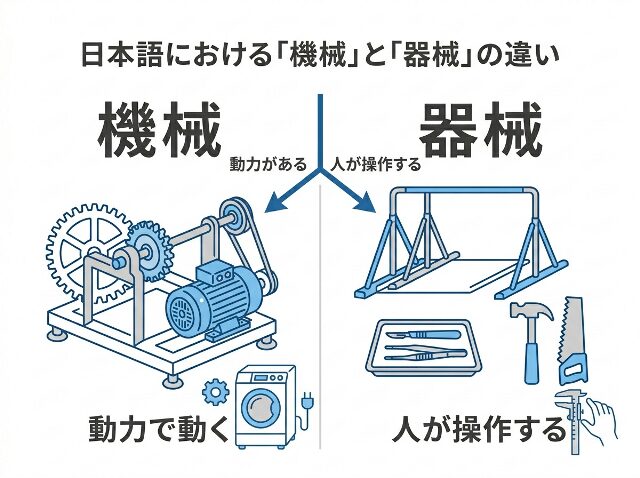 動力の有無で機械と器械を使い分ける基準を示した図解。装置と器具を左右に分けて表示(AI生成画像)