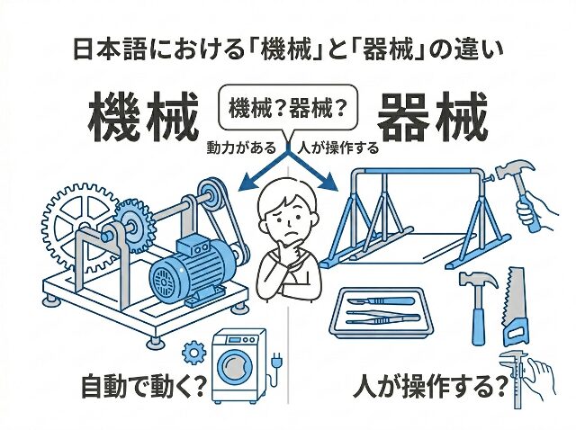 機械と器械のどちらを使うか迷う場面を示す図。電動装置と体操器具を並べた判断のコツのイラスト(AI生成画像)