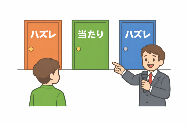 モンティホール問題の基本ルールを示した3つのドアの図解