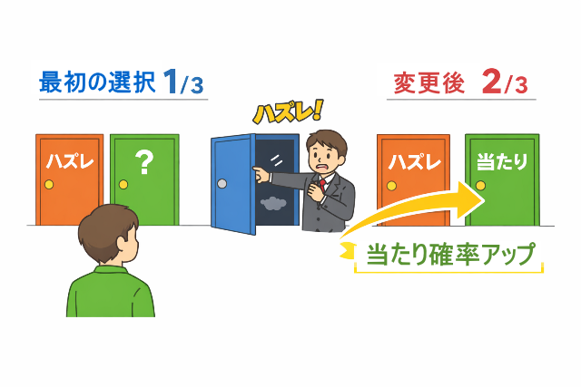 扉を変更すると当たる確率が上がる仕組みを示した図解