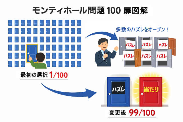 100個のドアでモンティホール問題を説明した図解イラスト