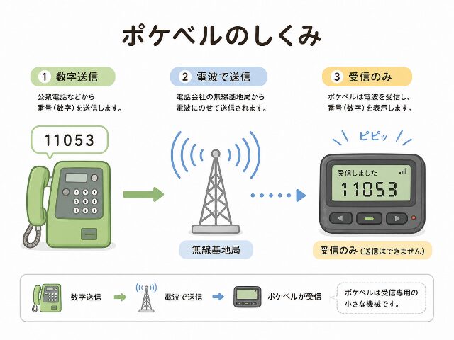 公衆電話から数字が送られ、ポケベルが受信する仕組みを図解したイラスト