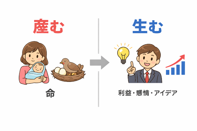 「産む」と「生む」の使い分けを場面別に説明した図解イラスト
