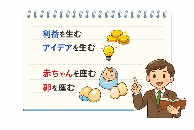 「生む」と「産む」の使い方を例文で比較したイラスト