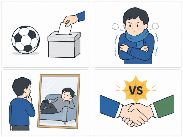 スポーツ、選挙、病気、自分自身との葛藤など、戦うと闘うを使い分ける具体的な4つのシーンをまとめたアイコンイラスト