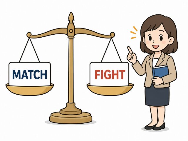 天秤を使って英語のMatch（戦う）とFight（闘う）の重みを比較し、使い分けのコツを解説するキャラクターのイラスト