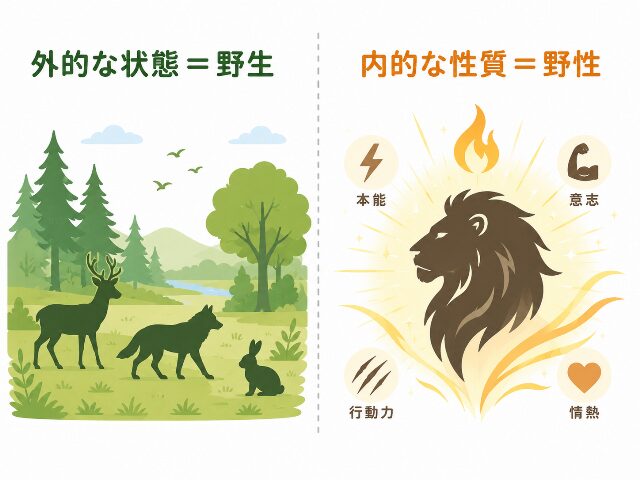 野生は外的な状態、野性は内的な性質という違いを示す比較図