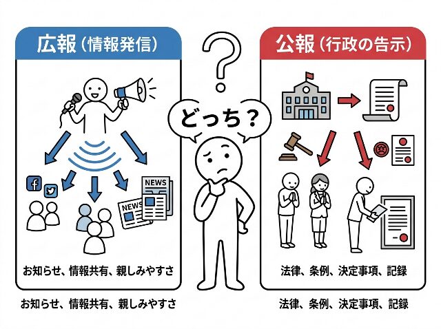 広報と公報の基本的な意味を対比した導入図。広報は情報発信、公報は行政の告示として示したイラスト(AI生成画像)