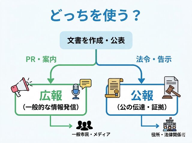 広報と公報を文章で使い分けるための判断フローチャートを示したイラスト(AI生成画像)