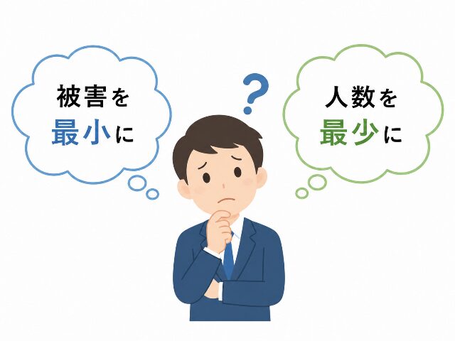ビジネスシーンでの「最小」と「最少」の使い分け例文。被害（度合い）と人数（個数）による正しい漢字選択のイメージ。（AI生成画像）