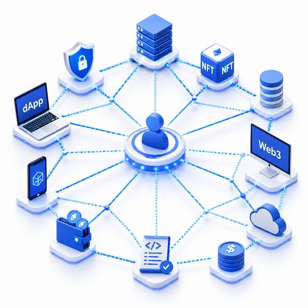 中央の管理者を介さず、ユーザー同士が直接つながるWeb3の分散型ネットワークのイメージ図