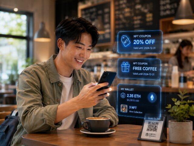 スマートフォンを通じてNFTクーポンやデジタル資産を利用する、日常生活におけるWeb3の活用イメージ