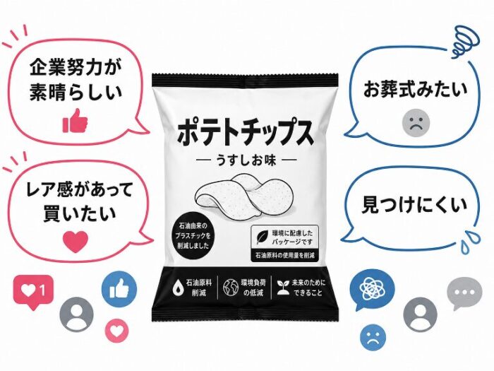 白黒パッケージに対するSNSの賛否両論を示す図解。ポジティブ意見とネガティブ意見を吹き出しで対比。