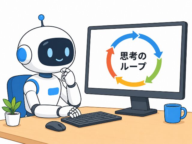 ロボットがパソコン画面を見つめ、画面内に『思考のループ』という文字と矢印が描かれている、ループエンジニアリングの仕組みをわかりやすく表したAI生成画像