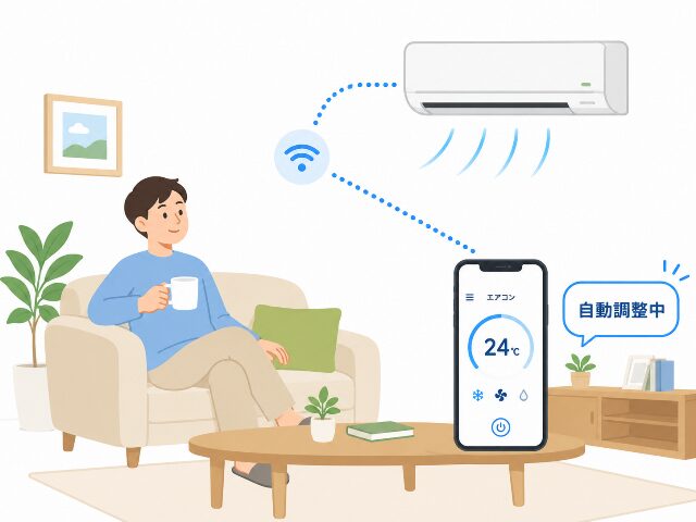 スマートフォンに『自動調整中』と表示され、エアコンと連動して快適な室温を作るスマート家電の身近な実例を表したAI生成画像