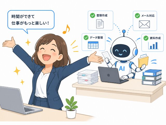 AIがタスクを自動で処理し、笑顔でリラックスする会社員の姿を描いた、ループエンジニアリング導入のメリットを表現したAI生成画像