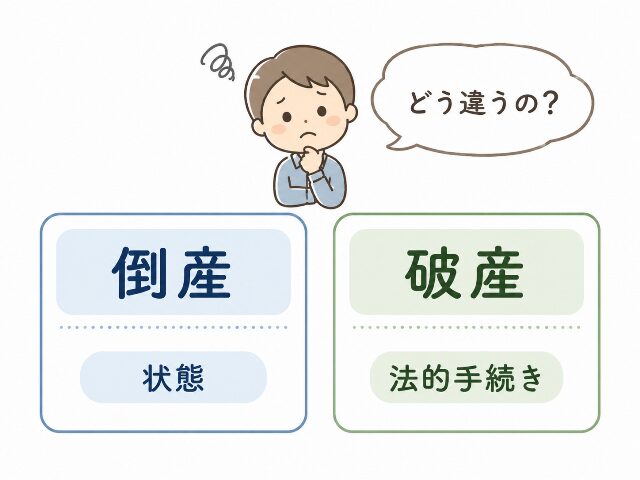 倒産は状態、破産は法的手続きと示した図解と「どう違うの？」の文字を含む構成（AI生成画像）