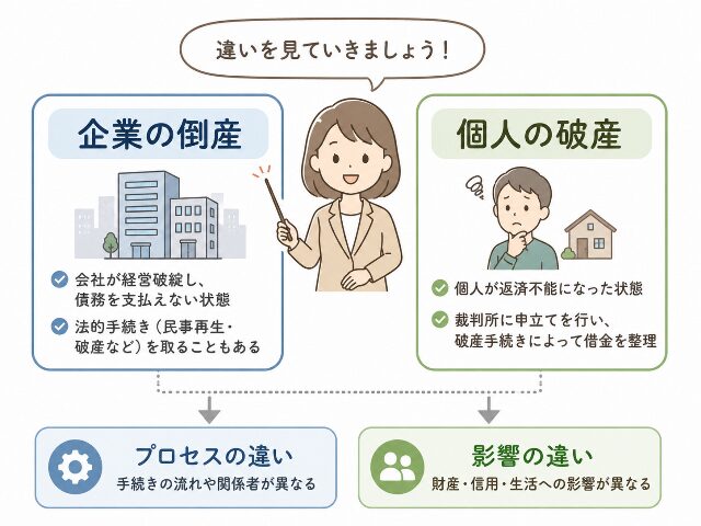 企業の倒産と個人の破産を左右に比較し、プロセスと影響の違いを示した図解（AI生成画像）