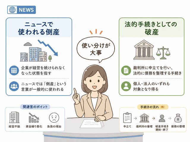 ニュースで使われる倒産と法的手続きとしての破産を対比し「使い分けが大事」と示す図解（AI生成画像）