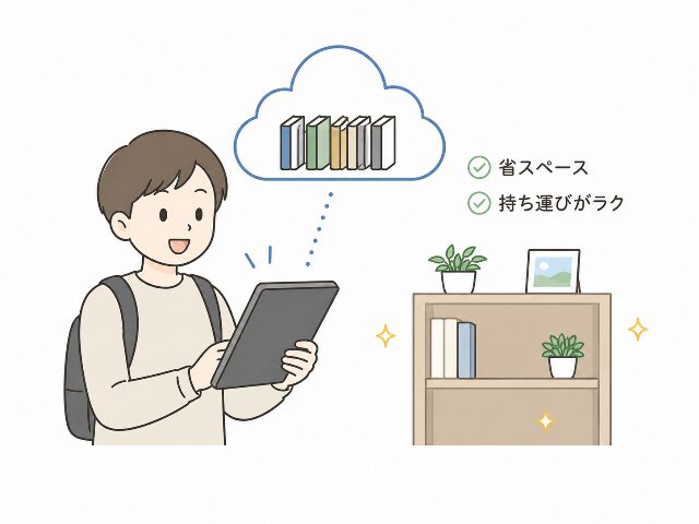 タブレットで本を持ち歩く様子と省スペース化のメリットを示す図。「省スペース」「持ち運びがラク」と表示（AI生成画像）
