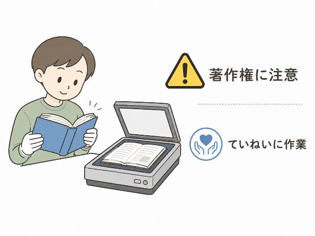 著作権への注意と本を丁寧に扱うポイントを示す図。「著作権に注意」「ていねいに作業」と表示（AI生成画像）