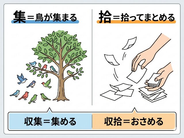収集と収拾を語源とイメージで覚えるための図解イラスト(AI生成画像)