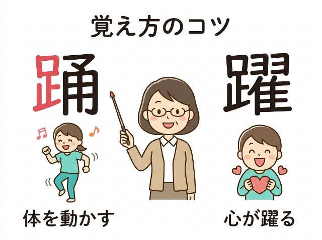 踊ると躍るの覚え方を漢字の特徴と例で説明した図解(AI生成画像)