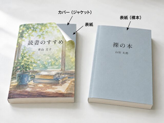 本のカバーと表紙の違いを視覚的に説明する写真。左側の本はカバーがめくられており、その下の表紙が見えている。右側の本はカバーがかかっていない裸本。それぞれの部分に日本語で「カバー」「表紙」とラベルが付いている。(AI生成画像)