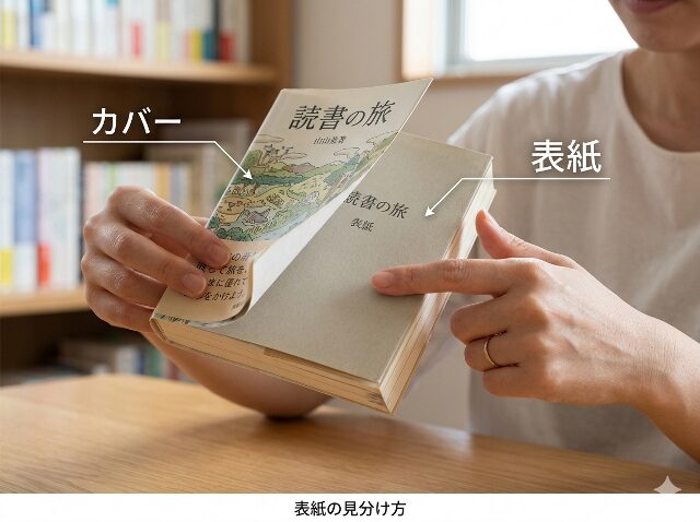 人の手が本のカバーを少し持ち上げ、その下の本本体（表紙）を指さして見分け方を説明するクローズアップ写真。持ち上げられたカバーと指さされた表紙に日本語でラベルが付いている。(AI生成画像)