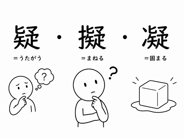 疑・擬・凝の違いを比較した図解イラスト。疑＝うたがう、擬＝まねる、凝＝固まるの意味を示した画像