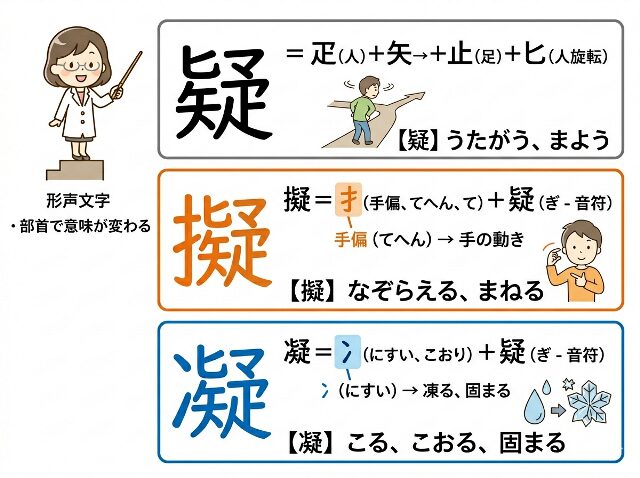 疑・擬・凝の語源と成り立ちを部首ごとに示した図解イラスト。手偏と氷偏の違いを説明する画像