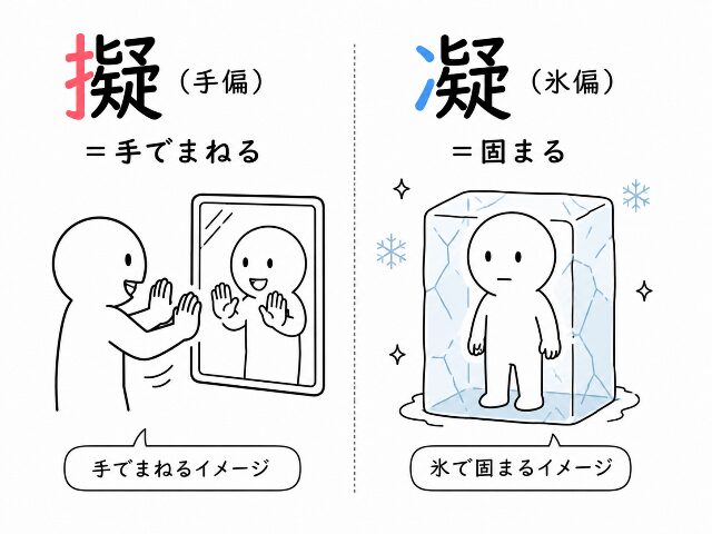 擬と凝の覚え方を示す図解イラスト。擬＝手でまねる、凝＝氷で固まるというイメージを対比した画像