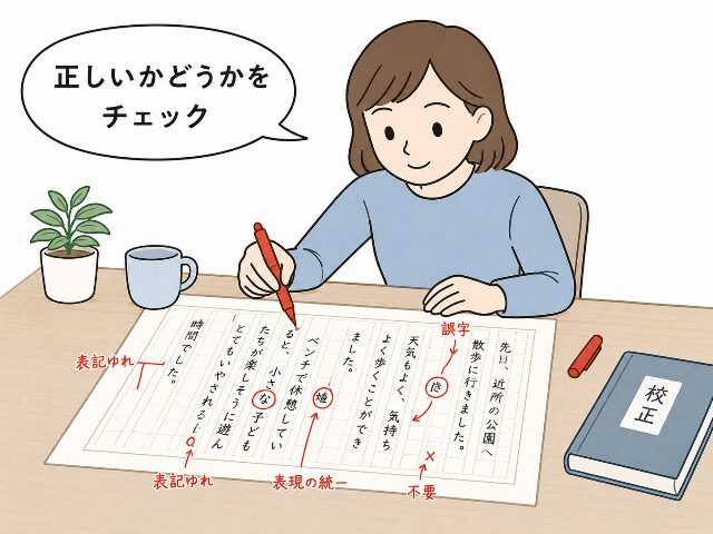 校正作業として原稿の誤字や表記ゆれを赤ペンでチェックしているイラスト。