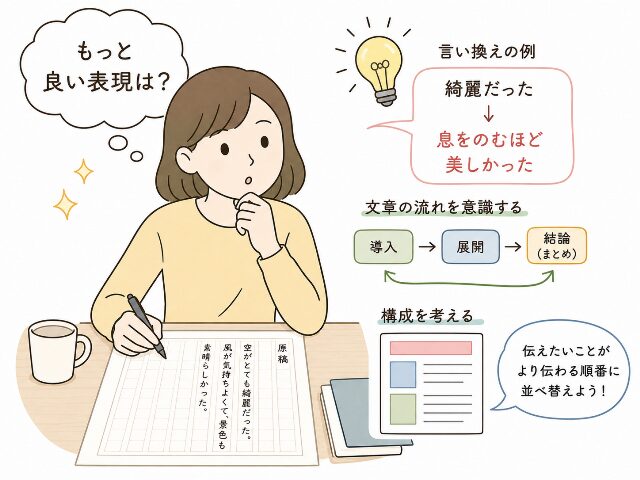 推敲として文章表現や構成をより良くするために考えている様子のイラスト