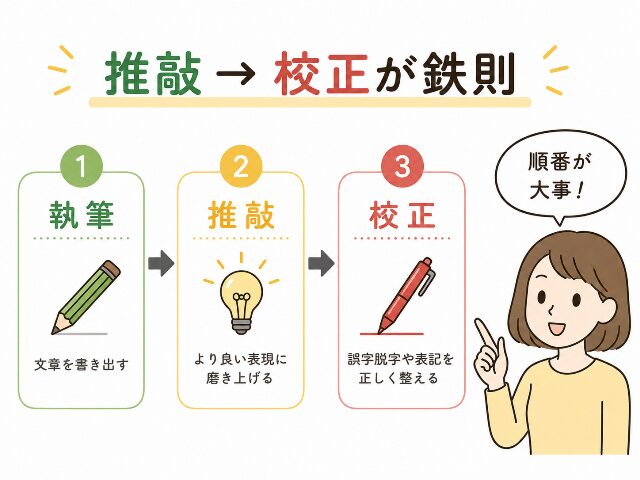 文章制作の流れとして「執筆→推敲→校正」の順番を示すフローチャートのイラスト