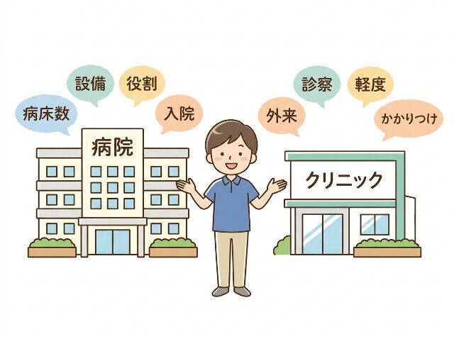 病院とクリニックの基本的な違いを図解したイラスト。病床数や設備の違いを示す吹き出し付き(AI生成画像)