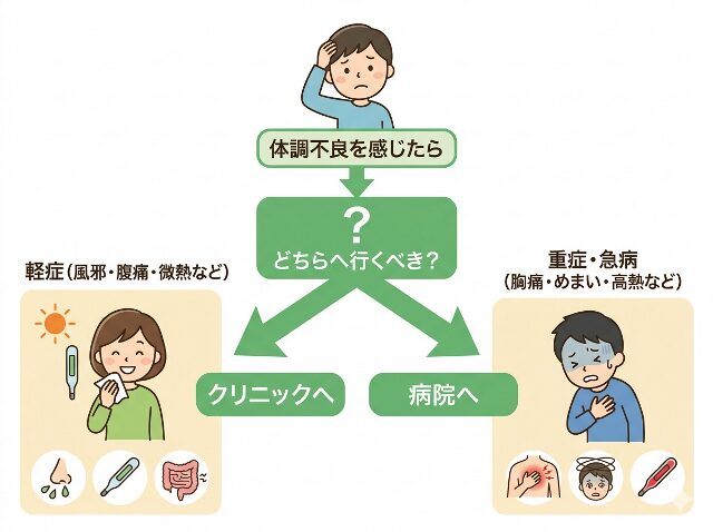 症状別に病院とクリニックのどちらへ行くべきかを示す分岐図のイラスト(AI生成画像)