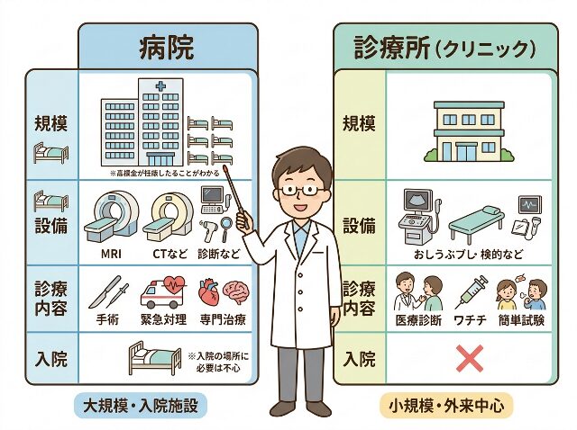 病院と診療所の違いを規模・設備・診療内容で比較した図解イラスト(AI生成画像)