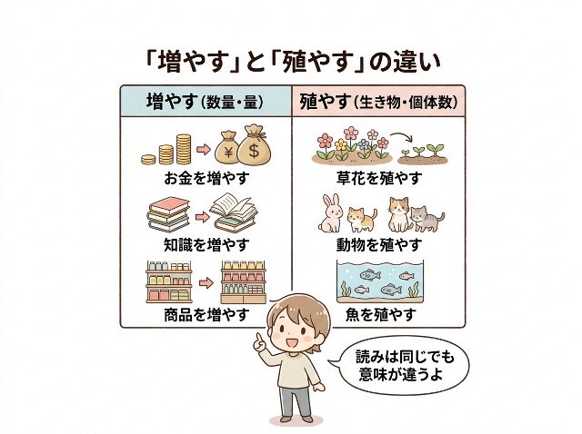 増やすと殖やすの意味の違いを比較した図解イラスト(AI生成画像)