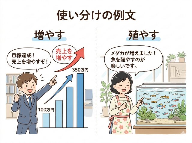 増やすと殖やすの例文をビジネスと生き物の場面で示したイラスト(AI生成画像)