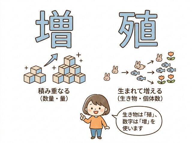 増と殖の語源イメージと覚え方を示した図解イラスト(AI生成画像)