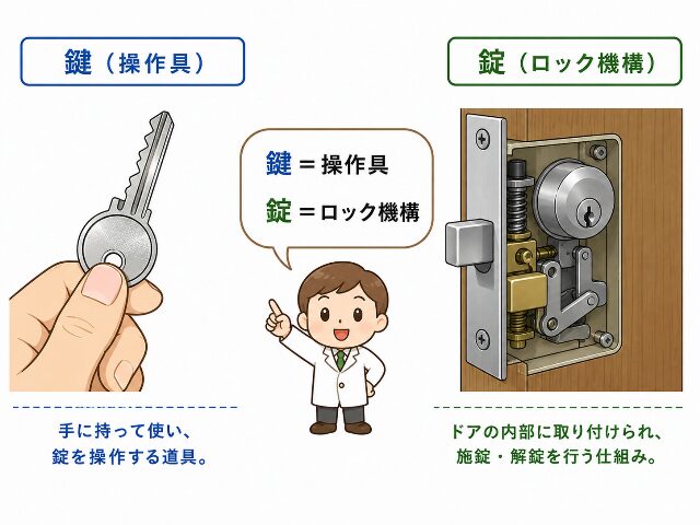 鍵と錠の違いを図解で示したイラスト(AI生成画像)