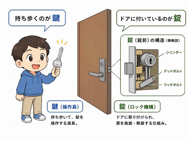 鍵と錠の使い分けを説明する図解イラスト(AI生成画像)