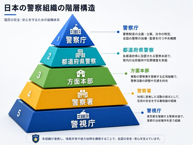 ピラミッド型の図で表された日本の警察組織の上下関係。上に「警察庁」、下に「警視庁」と日本語の文字が書かれています。AI生成画像。