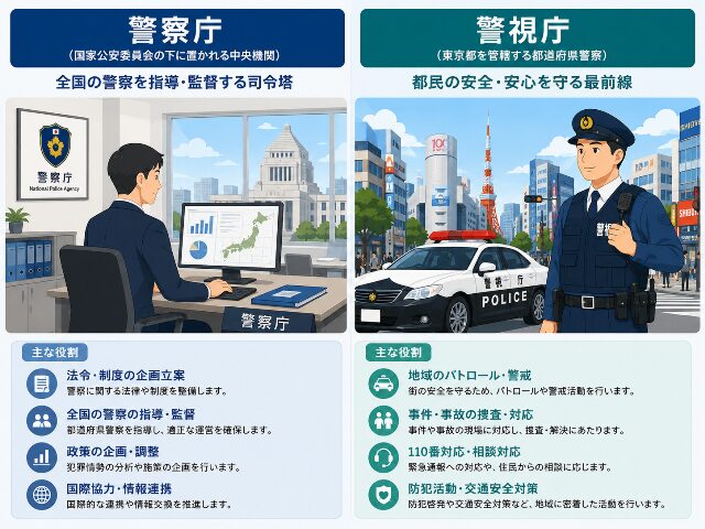 政策やコントロールを行うオフィス側の警察庁と、東京の街を守る現場側の警視庁の役割を左右で比較したイラスト。AI生成画像