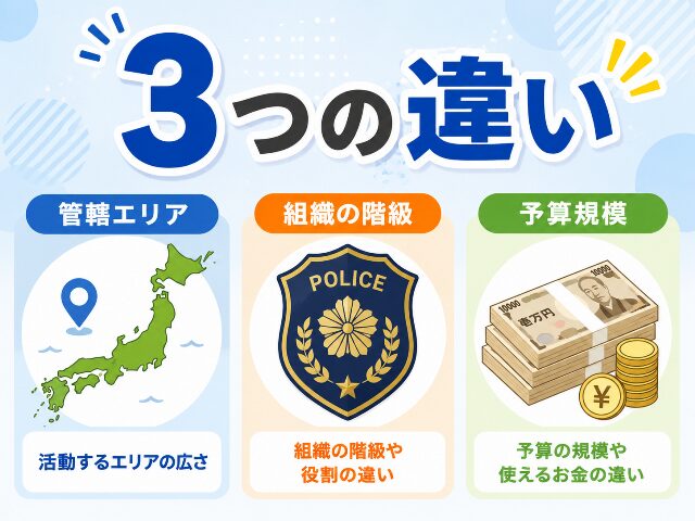 管轄、役職、予算を表す3つのアイコンと、中央に「3つの違い」という日本語の文字が描かれた解説イラスト。AI生成画像