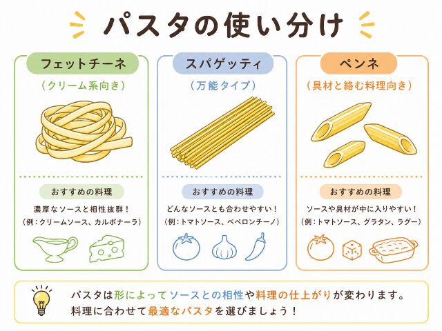 スパゲッティと他のパスタの使い分けを示した図解イラスト(AI生成画像)